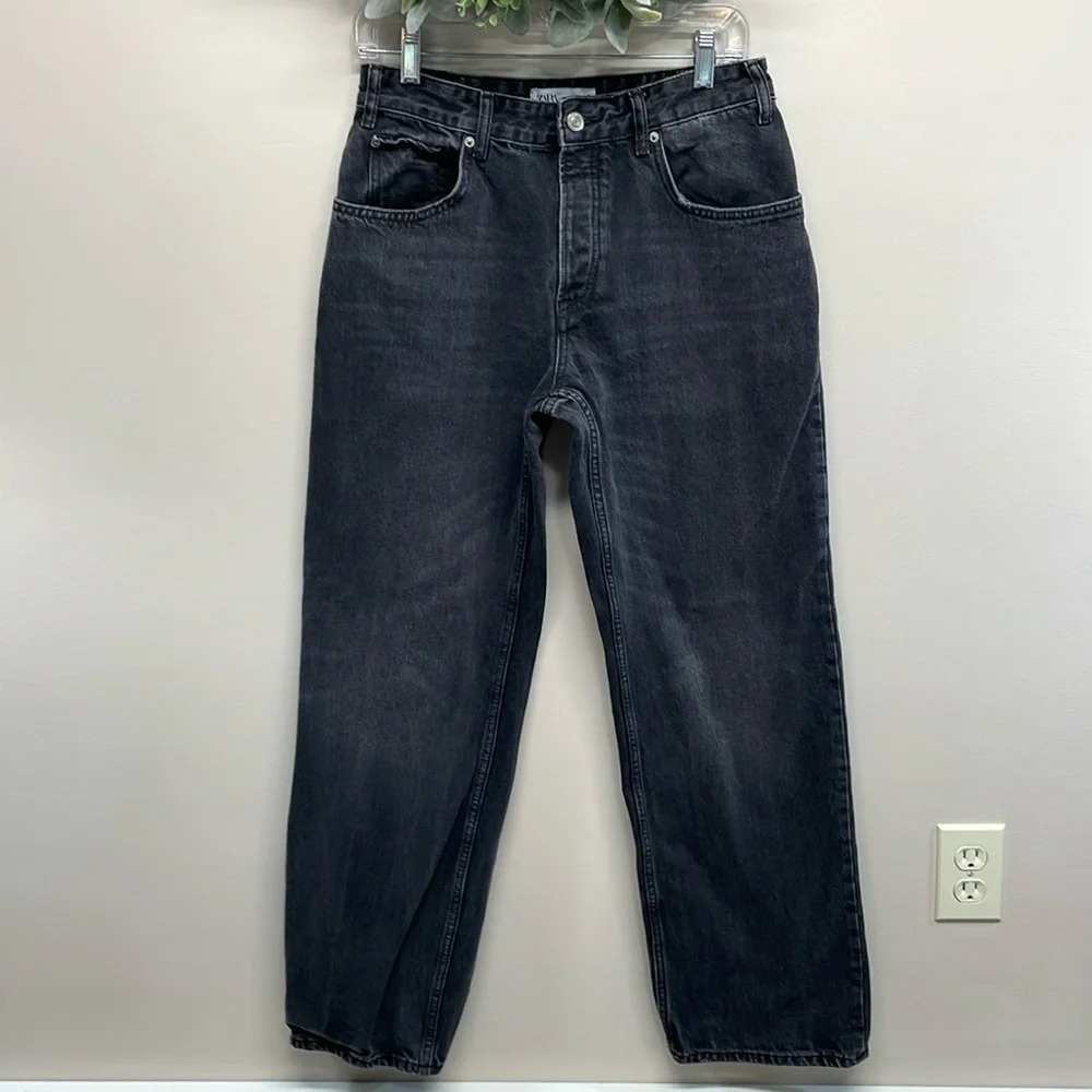 Zara High Rise Button Fly Straight Leg Black Wash Denim Jeans 12